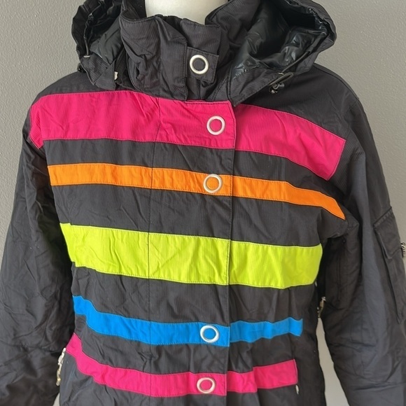 Obermeyer Niki Striped Ski Jacket Black Zip and Snap Closure - Picture 2 of 13